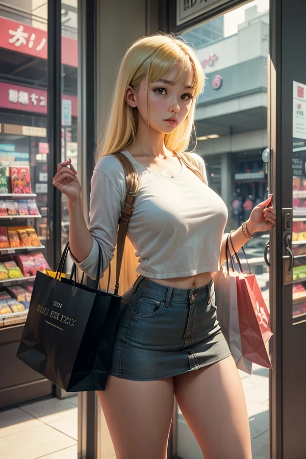 1girl, (Blue Eyes), (smiling), (Sana Minatozaki), wide hips, Big tits, big ass, (Best Quality, 8k, Masterpiece: 1.3), Clear Focus: 1.2, Perfect Body Beauty: 1.4, Highly detailed face and skin texture, detailed eyes, double eyelids, (blond long hair behind the ear :1.3), (cleavage t-shirt), (jeans), standing, dynamic pose, in a shopping center, stores