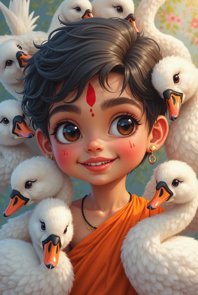 Drawing vector style ,a cute teenage South Indian Hindu boy, vermilion fore head, age 6, adorable 6 white Swan surround him, beautiful detailed eyes, beautiful detailed lips, extremely detailed eyes and face, long eyelashes, cute and adorable expression, beautiful young girl, soft lighting, warm color tones, (best quality,4k,8k,highres,masterpiece:1.2),ultra-detailed,(realistic,photorealistic,photo-realistic:1.37),colorful, vibrant, adorable, cute, Cubs highly detailed, intricate, whimsical, magical, fantasy, soft focus, dreamy, warm lighting, oil painting