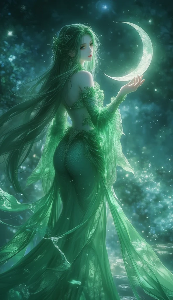 Deusado dvestido transparênte verde, It's a Starry Night , flores e borboletas, cabelo verde/lilac, mulher linda, borboletas