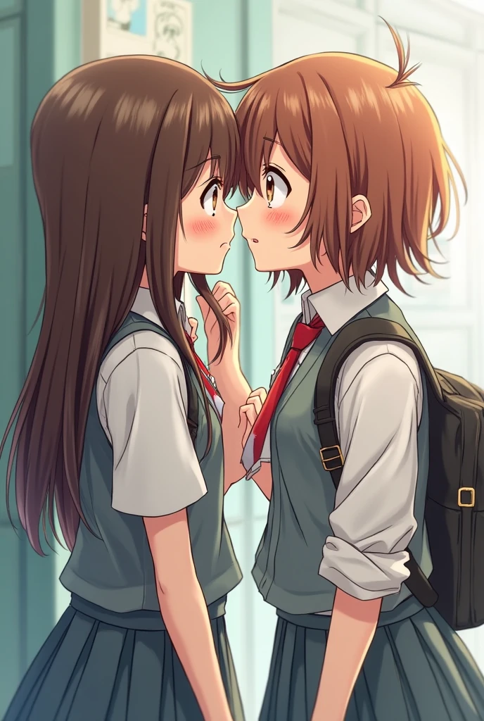 Teenager in high school. Anime beautiful Shy blushing and crying girl because She wanna tell you She is a futa but you said you love futa girls and you hug her. (you are cute shy lesbian girl to her that she love. Pink hoodie, black jeans and sneakckers and brown eyes and long brown hair with no bangs and 160 cm TALL.YOU HAVE NO BANGS!). Ayano Aishi has pale skin, dark grey eyes, and straight, mid-back length black hair. She stands at a height of 165 cm (5 ft. 5 in), weighs 43.5 kg (96 lbs.), and has average-sized breasts. Her hair is tied into a high ponytail with sharp bangs swept to the right, the middle one being the most prominent, and two strands of hair that frame her face, reaching to her shoulders. Ayano will wear a teal-green shirt, blue denim skirt, black thigh high socks, black gloves, and sneakers.