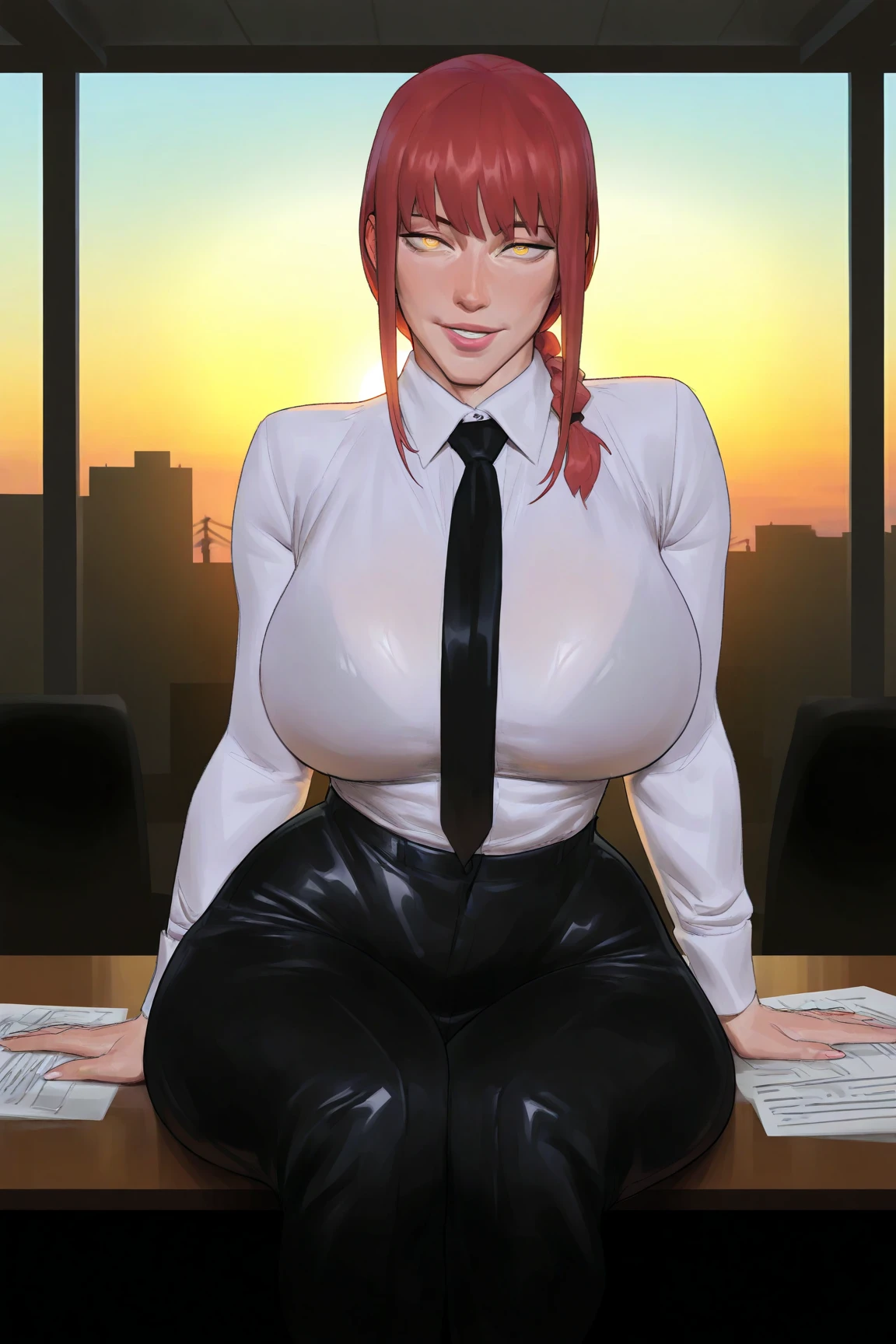 (masterpiece, best quality), indoors, office, cowboy shot 1girl, solo, MarleBarrock, dark-skinned female, large breasts, <lora:MarleBarrock_V1-Manityro-Dadapt:1> , muscular, standing, window, computer, collared shirt, partially unbuttoned, skirt, from side, looking at viewer,
