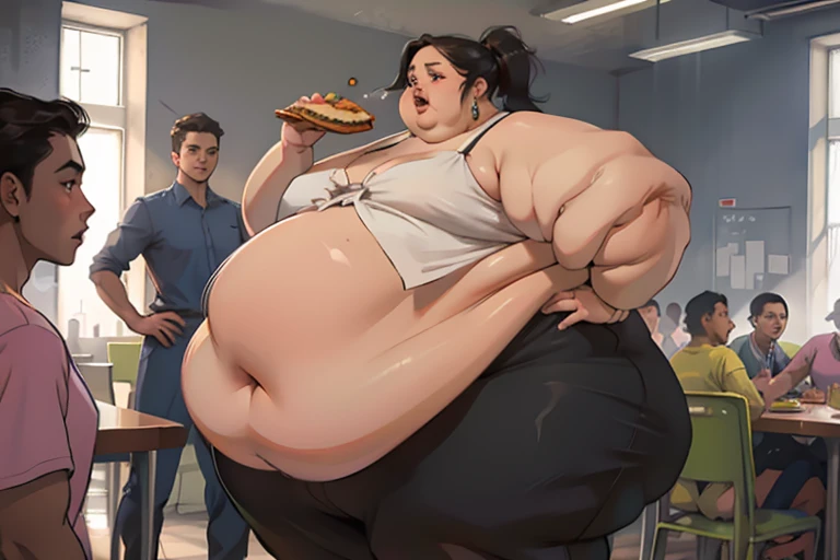 score_9, score_8_superior, score_7_superior, score_6_superior, sauce_anime, Low - Angle, From below, One girl, 1人のmaleの子, duo, big_female, small_male, size_difference, Are standing, Looking down, Look forward, obesity, break, Eating large amounts of food, Blonde, Huge , massive legs, Huge Ass, Hubody, Dominant