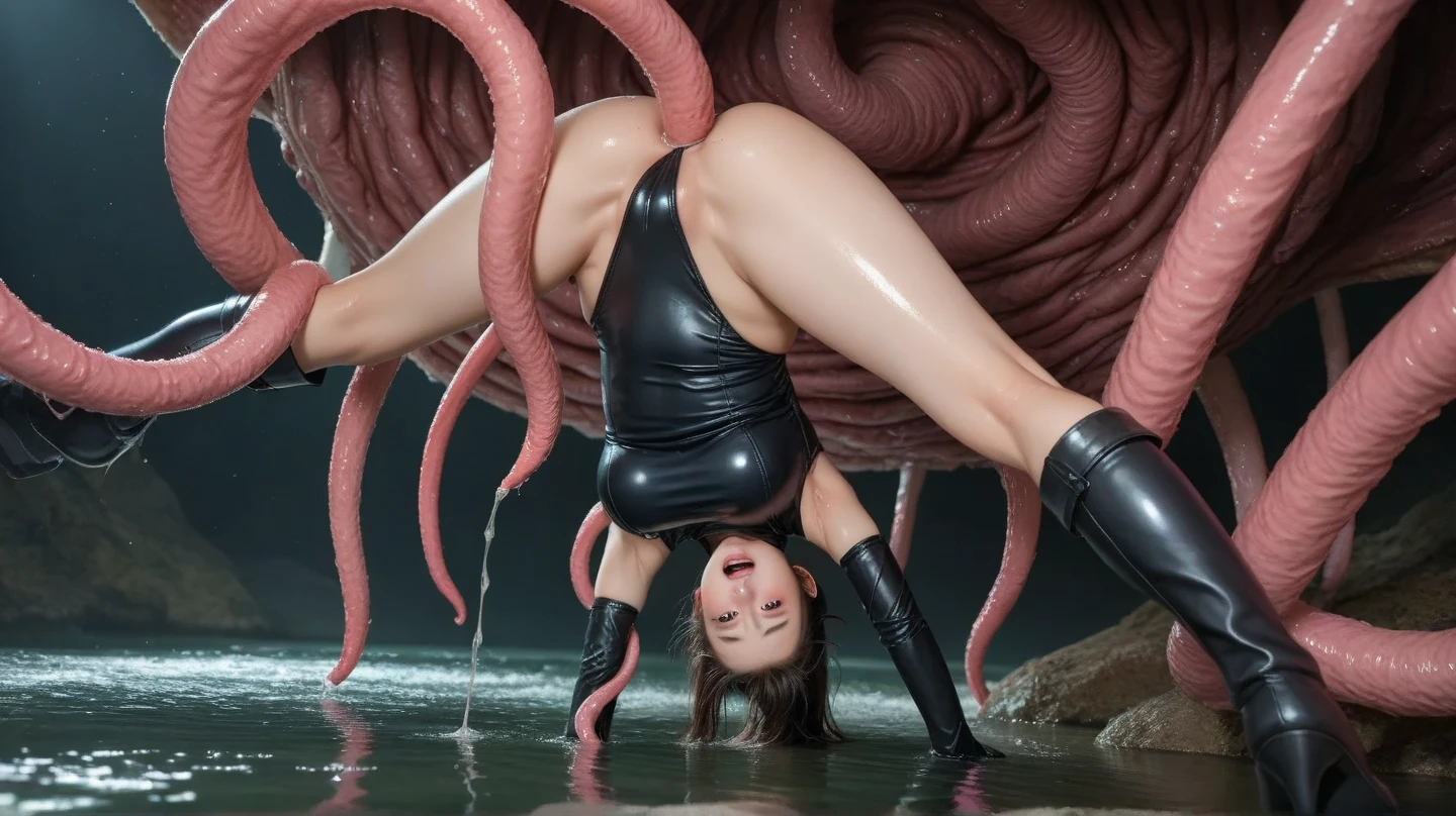 ((Girl with long hair gets her pussy rubbed by tentacles)),Blush on,((Girl vaginal licking tentacles)),wear bra, wet clothes,long hair,wear leg, perfect body, perfect swimsuit,symbol-shaped pupils, bangs,(sweaty:1.4),in bed, lying on bed,((steam:1.4)),more tentacles ,wet mouth ,back view but 