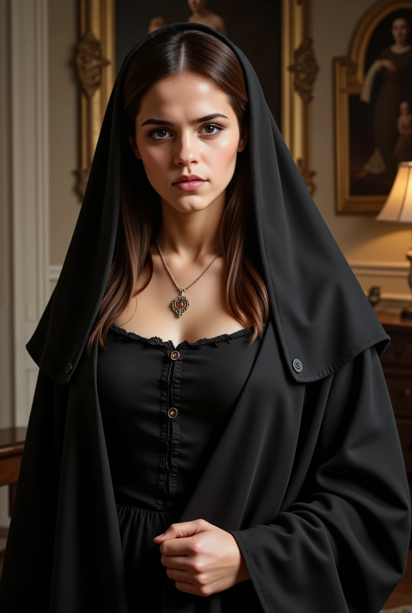  Imagine a Renaissance painting, that represents the greatest sorceress in history. 18 year old.  Her imposing figure stands out for her grandeur and strength .  With an insightful look and a confident gesture , , she radiates the undeniable magical presence .  Every brush stroke conveys the richness of her clothes and the skill of her spell nuns .  Create an image , that emphasizes grandeur ,  , the beauty and magnetism of this legendary witch . in her room   . without underwear.  looking forward , Bare chest 