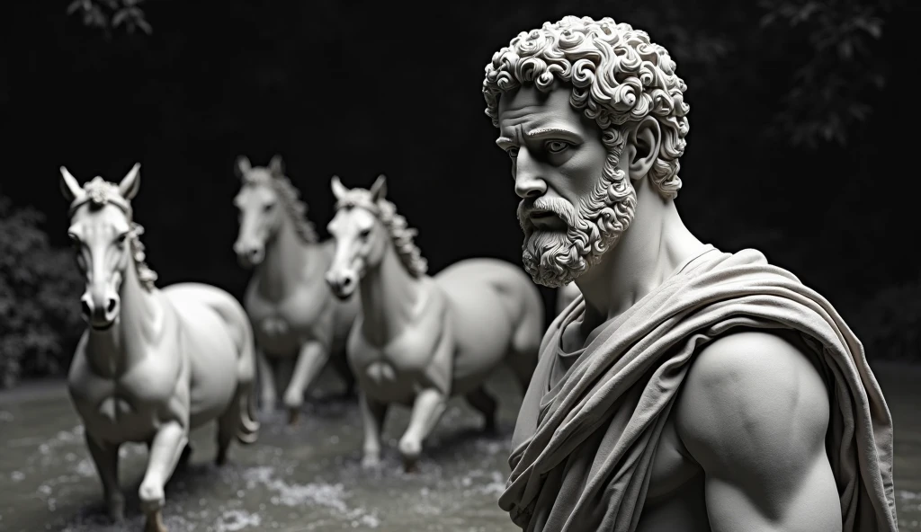 a statue of the stoic Marcus Aurelius in black and white 4K,Face de lado, papel de parede super realista, corpo forte, sem camisa, tronco forte, barriga forte