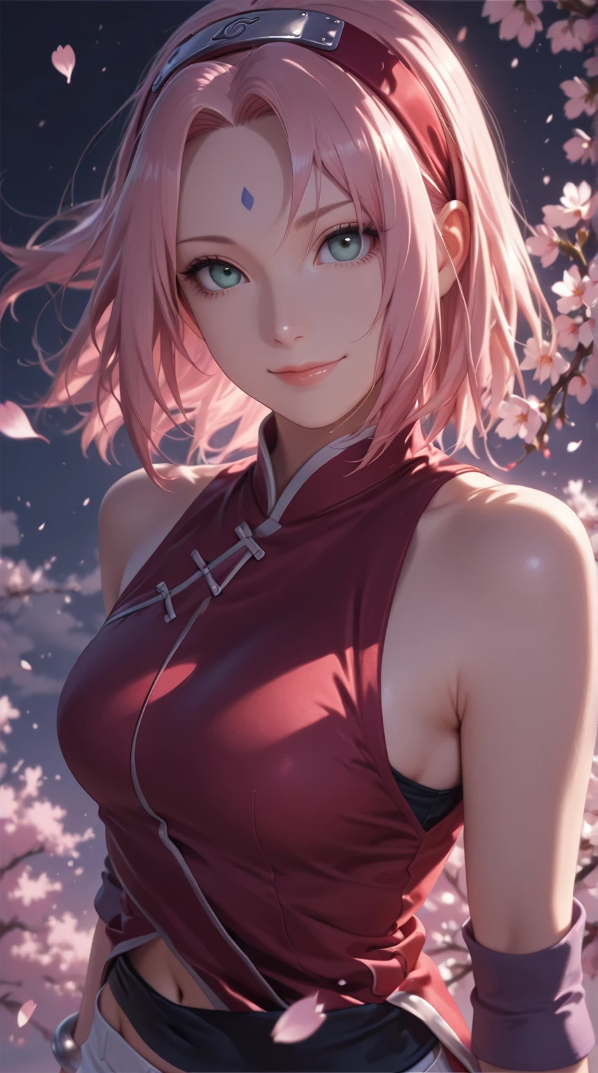 One girl, (8k, RAWphotograph, Highest quality, masterpiece:1.2), (Ultra-high resolution:1.0),detailed illustrinion, (Real person,fashion photography portrait,photograph), detailed, detailed beautiful skin, (Realistic, photo-Realistic:1.37), Sakura NS, 一人in, Professional Lighting, Pink dress with flowers), village, East Asian architecture, wood, village hidden in the leaves background,Looking_in_Audience, smile, Flowers on the forehead,red_hair band,Pink Hair,Green Eyes,mitain,Closed-toe footwear,Kunai,Facial blemishes,woodノ葉隠れのシンボル,Finding_stance,fence,Ninja,Adjust handbag,No sleeve,Cleavage