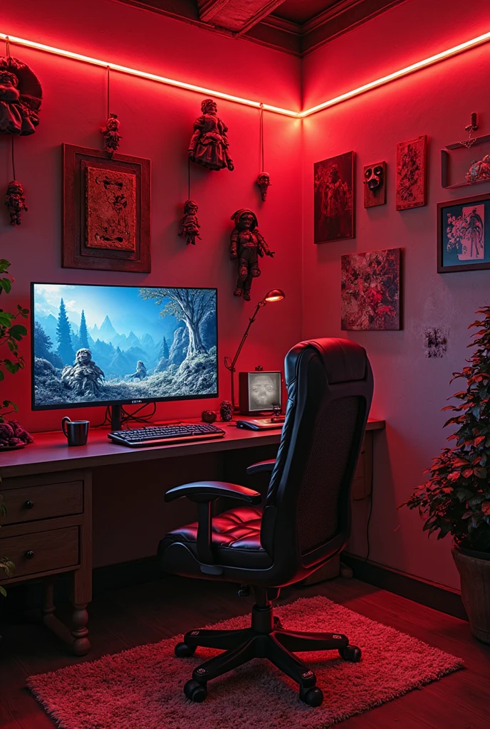 empty gamer room with black colored walls, red, White and blue.
