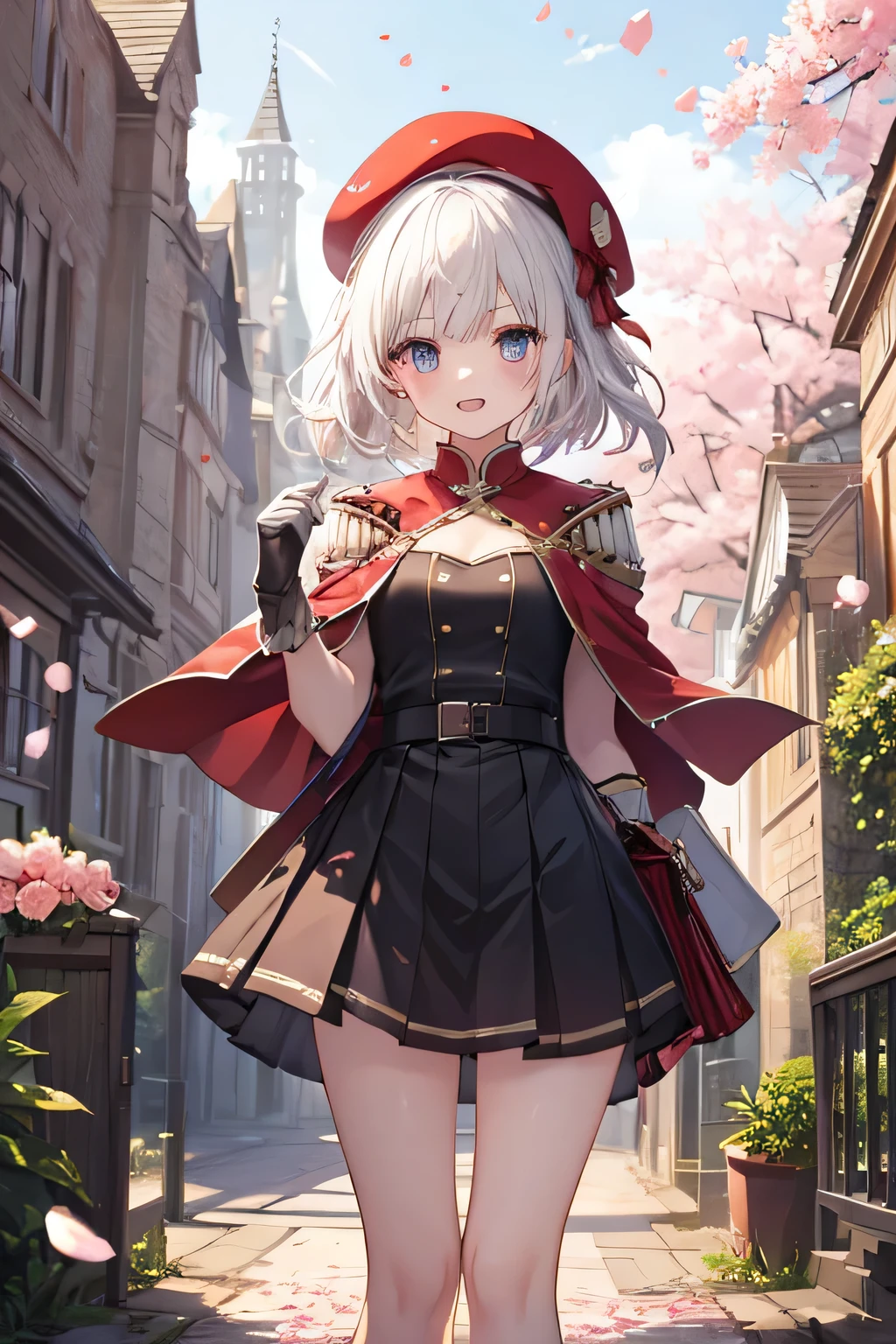 Serious girl, White hair, (showing teeth), castle background, castle background(mansion), complete anatomy, Graphic Effects, height 159 cm ( 5 feet 3 inches ), red beret, strong breeze , sakura petals and leaves, , Masterpiece, the best quality