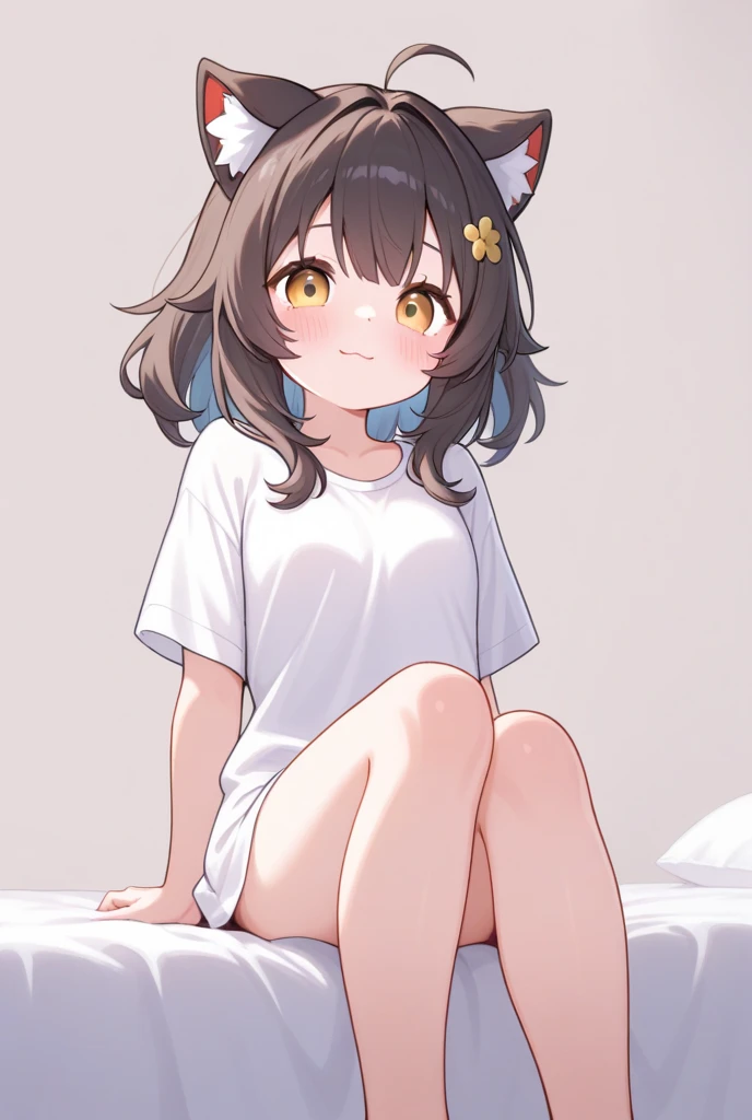 masterpiece, best quality, high quality, beautiful anime character, solo, anime girl with brown hair, soft hair, long hair, blue eyes, cat ears, big breasts, mature female, tall female, big girl, thick, (calming face, light smile, loving eyes), indoors, (white oversized t-shirts, white panties), cat tail, legs, sleepy, bottomless, panties peek,