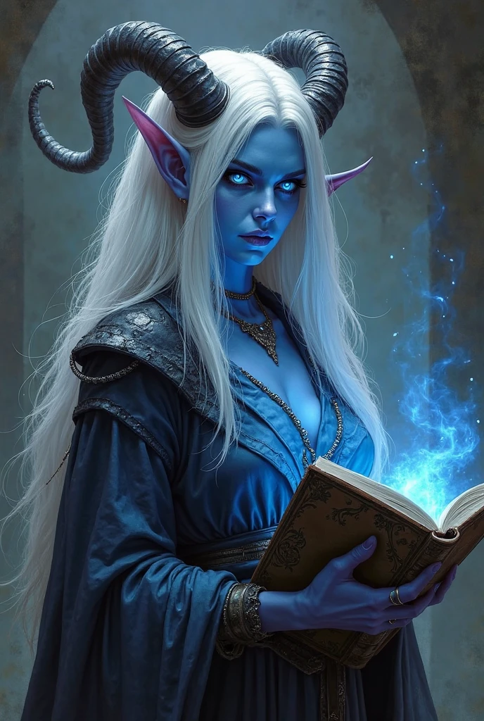 A blue skinned, handsome tiefling royal with horns, blue skin, female by herself, Forrest, magic, glasses