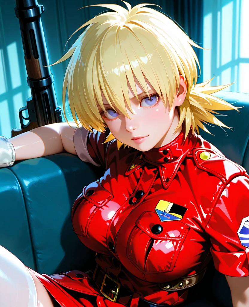 A woman in a red uniform, scarlet eyes, unbuttoned shirt revealing black lingerie and deep cleavage, smiling with vampire fangs, seductive pose, 8k, photorealistic, high quality, chiaroscuro lighting, cinematic, dark moody atmosphere, dramatic shadows, supernatural, gothic, erotic