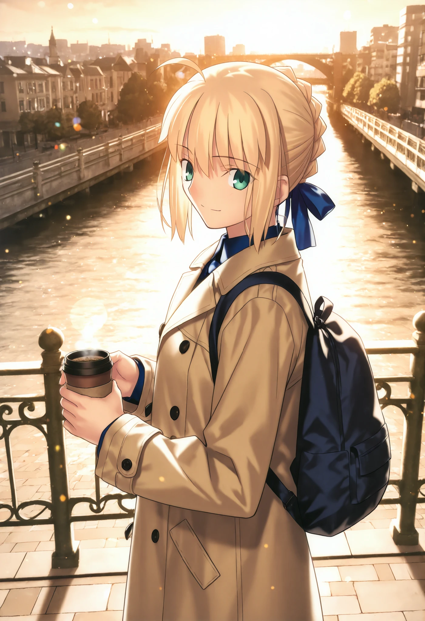 masterpiece, , absurdres, highres, detailed background, high resolution, masterpiece, necessary, detail, best quality, quality, necessary, details, High details, Precise, 8k outdoors, (bridge, city, colorful light particles, powder light,), day lens flare, blurry background,(from above, from side),
1girl, Takeuchi Takashi (type-moon,tsukihime) style, takeuchi takashi style, (aged up),(rucksack, ),(astonished), closed mouth, ,(),
girl, (slender body, slim arms, slim bod),girl, artoria pendragon, saber (fate) ,blonde hair ,green eyes, ,ahige ,hair ribbon ,blue ribbon ,short hair ,sidelocks ,frenched braid, (open Wool coat, denim,), (small breasts),(looking at viewer), ,very light smile, drinking coffee , ,