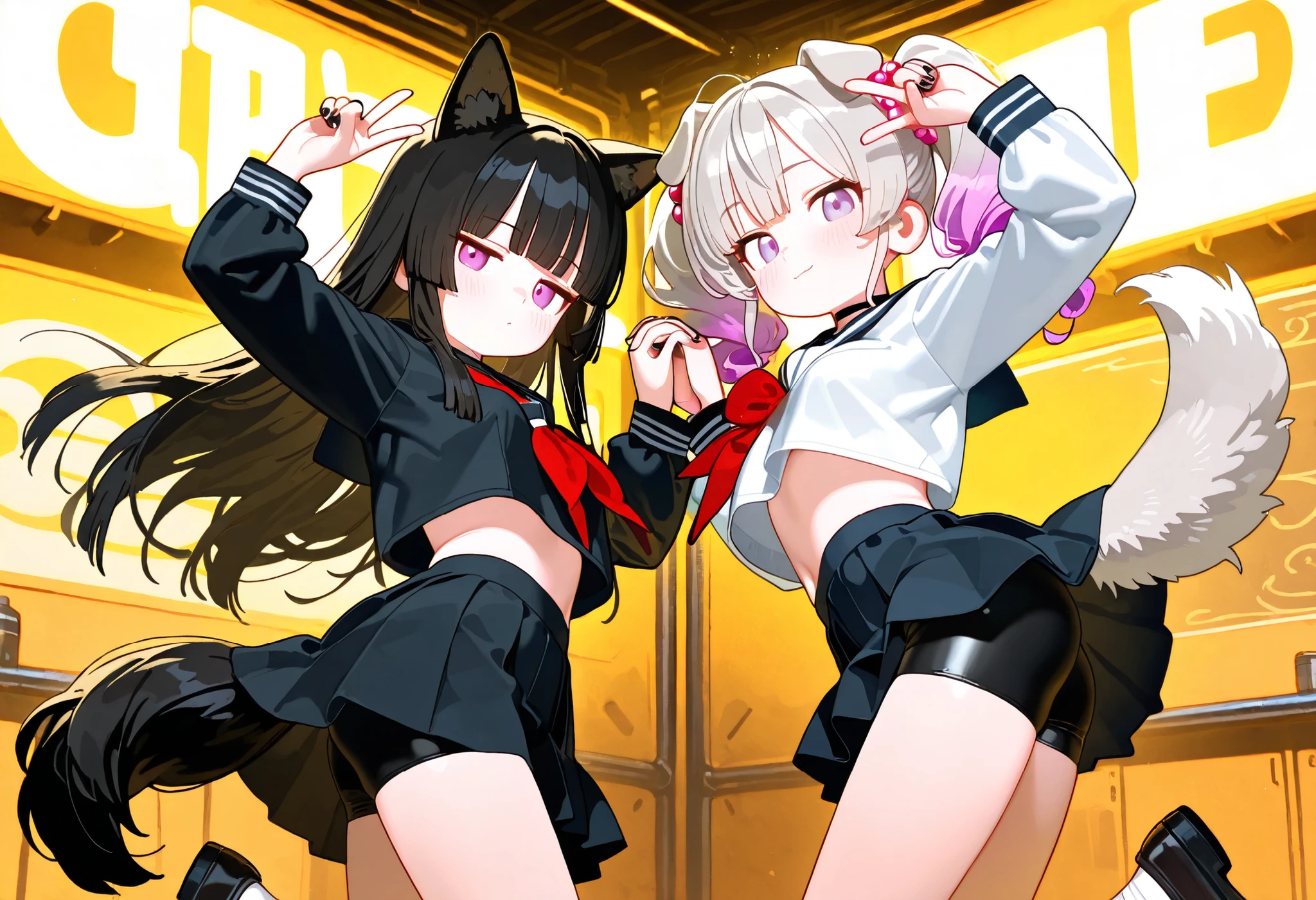 2girls, lavender eyes, jitome(0.5), Black Hair, white Grey Gradient Hair, blunt bangs, hime cut, Medium length twintails, curly hair, Full head of hair, dog tail, dog ears, small Breast, black clothes, black cropped top, Long sleeves, slit pleated skirt, serafuku, long Bike shorts, flower pettern, Choker, bare legs, Loafer, nail polish, black nails, masterpiece, best quality, Perfect details, perfect composition, Perfect face, Perfect hand, absurdres, newest, very aesthetic, amazing quality, highres, film grain, Focus on the character, Cinematic, dramatic, Magnificent, cute expression, doremi, hwansang, mx2j, looking at viewer, peace sign, tools, Hair beads, Engineer Decoration, shy, Futuristic simple white workshop, simple white laboratory, dancing, outside, floating big mechanic hands, music, music effect, ukiyo-e, Rhythmic, jk, gyaru girls, street theme, hiphop. duo, partner, girls, pop effect, comics effect