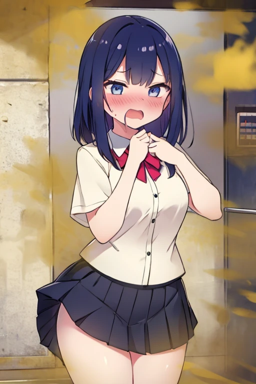 (((medium breasts))), ((best quality)), ((masterpiece)), (detailed), (((perfect face))), (((tall, slender 16yo teen girl))), ((((topless)))) (((dark blue pleated skirt, waist to thighs))), ((shy:1.3)), ((blushing:1.5)), ((skinny hips)), (((sitting in room on wood chair))), ((((girl looking away)))), (((bare arms))), (((bare shoulders))), (((bare stomach))), (((skinny thighs)))
