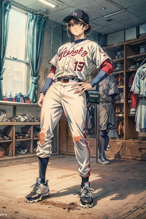 (masterpiece, best quality ), 1man, muscular, short hair, brown eyes, intricate, (locker room) , full body, white baseball uniform, open red jacket, vivid colors,(depth of field:1.2),(abs),blush, looking at viewer, on floor, spread legs,