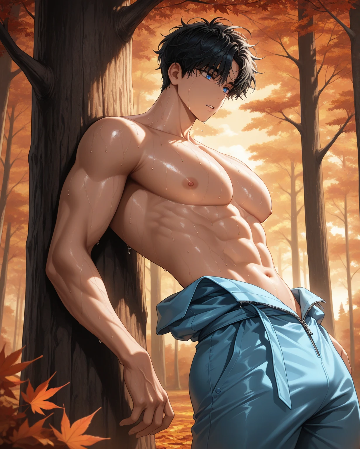 Anime boys abs wearing briefs and showing hairy belly button