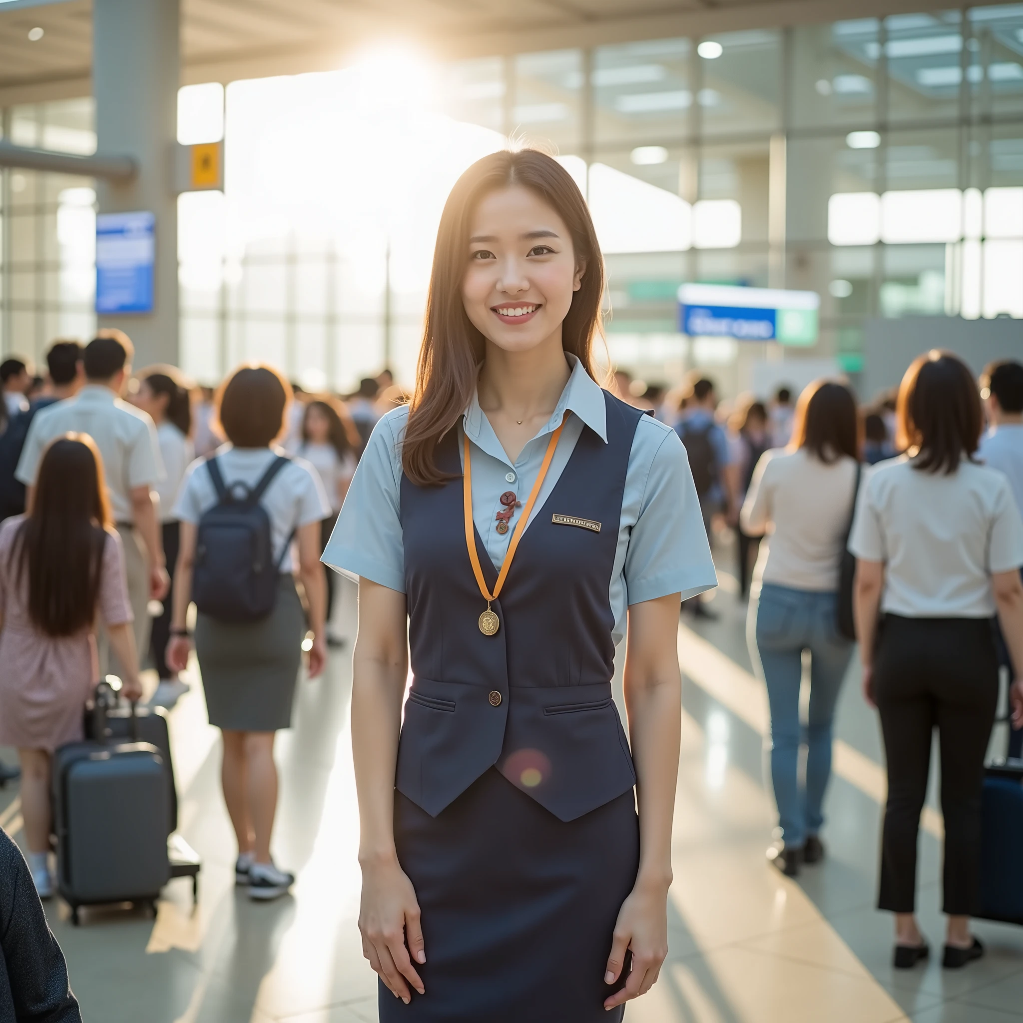 High quality photo My Japanese girlfriend is at the airport、the girl is standing on an airport chair 。 she is wearing a stewardess uniform、The airport is so big、 flight attendants、is looking at me with a smile、the big sunlight is shining in 。 she's a girl's hairstylist、 My hair color is brown 。 all the boys are watching her 。 the girl is sitting on an airport chair