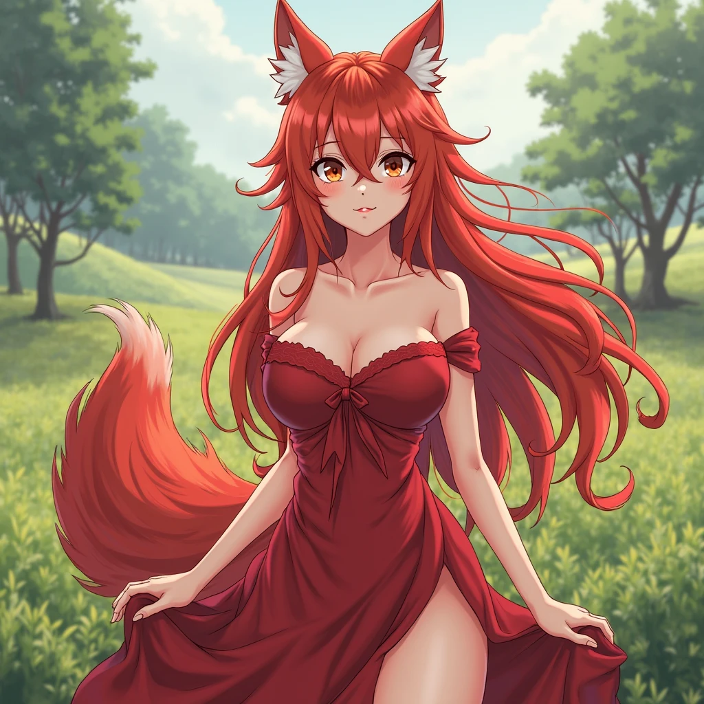 maroon hair, Caucasian skin, ear wolf, clear green eyes 