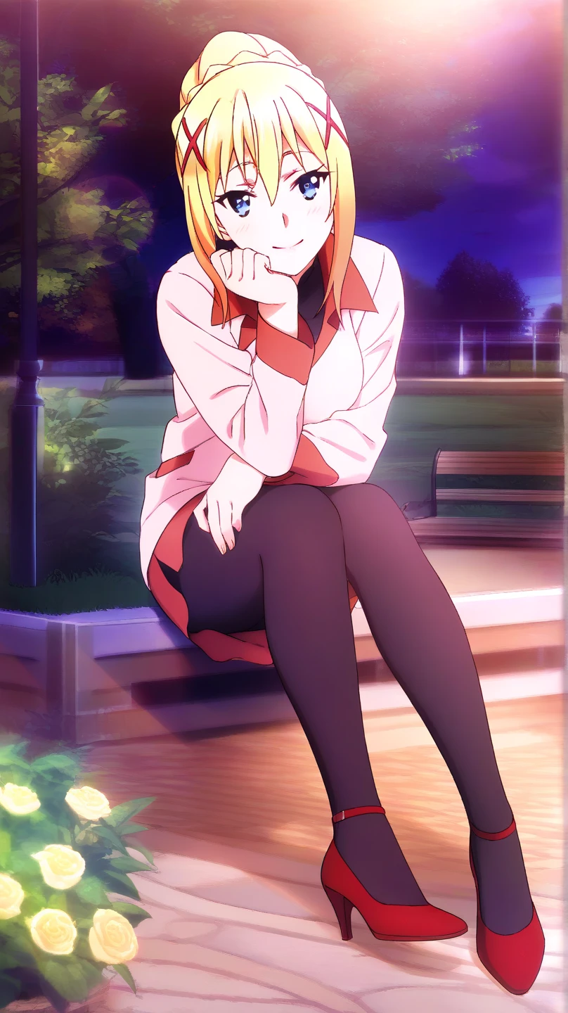 <lora:EXLorelei:0.7> EXLorelei, orange hair, solo, purple skirt, crossing legs, hand holding chin, bench, park, sunny, detailed
