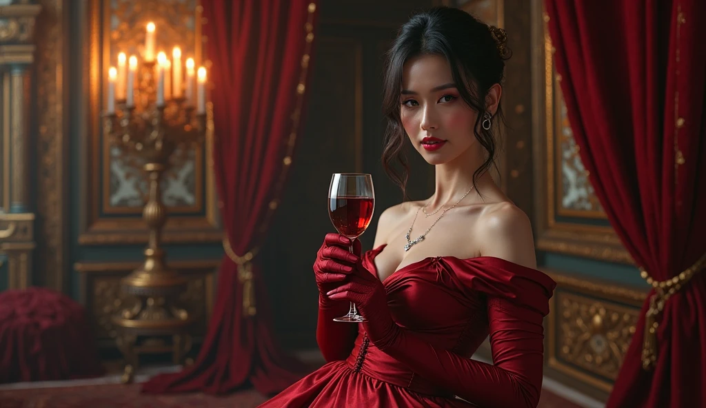 A young female vampire, beautiful, in a silver gown, holding a glass of wine in her hand. --auto --s2