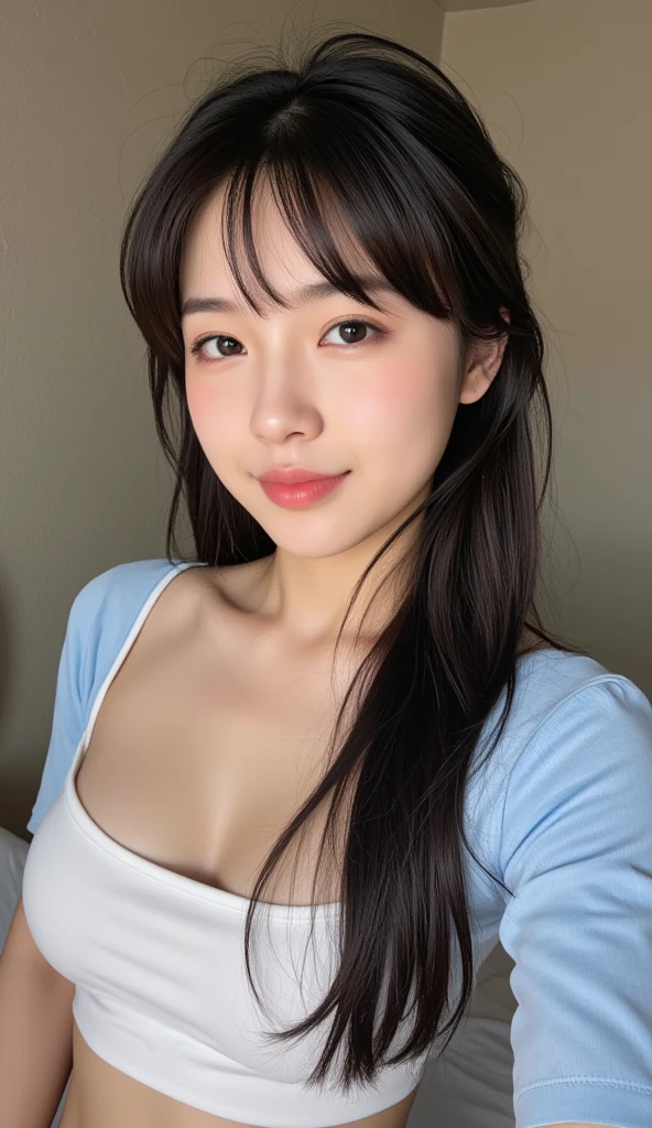A woman with the same face as last time,4K、1Man Woman、A slender、 Loose wavy styling、 in a kimono, in a kimono, in a kimono, Wearing kimono, Wearing a kimono, wearing royal kimono, Red kimono,Be braless、 cleavage, perfectly proportions, 、captivating and enticing、FULL BODYSHOT、Including face and skin texture.,Detailed eyes、A smiling face