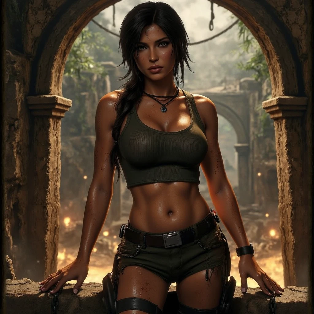 lara croft, long brown ponytail, brown eyes, high arched eyebrows, red lips, leather pants, leather bra deep in a cave, cinema style digital art