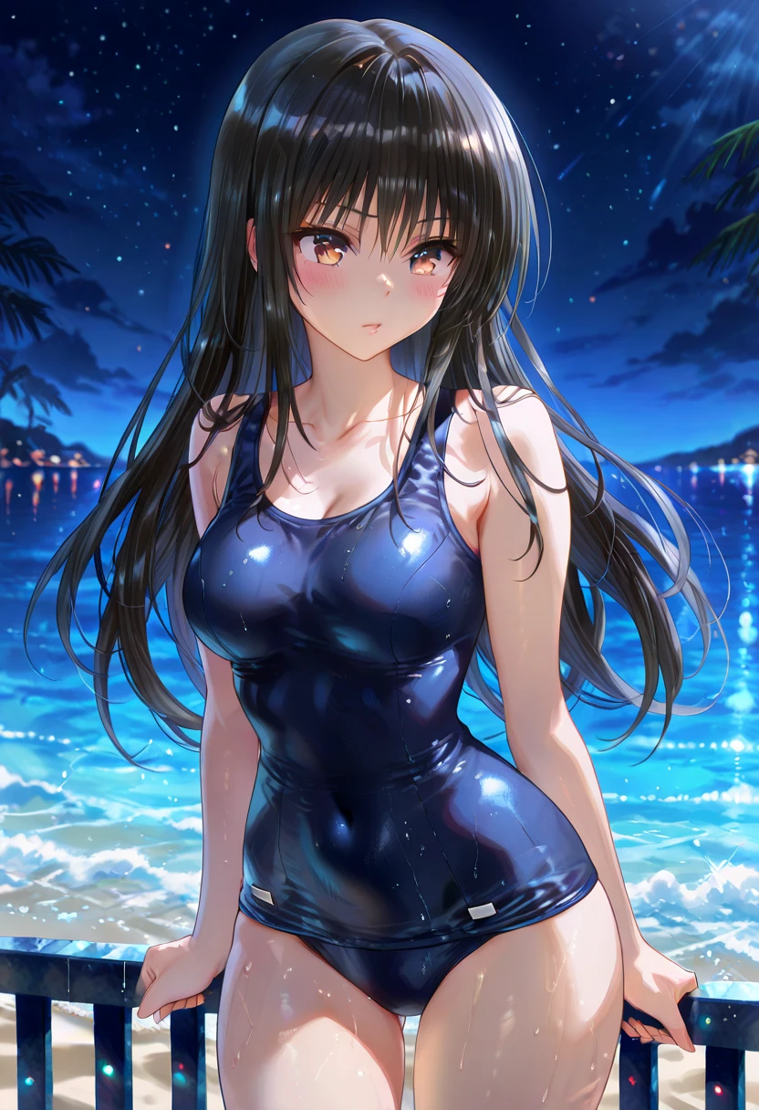 8k, Masterpiece, RAW Photos, of the highest quality, realist, Very detailed, Depth of written limit, cinematic light, anatomically correct body,
a beautiful 18 year old woman., very beautiful face, Exquisitely detailed face, (A calm and gentle face.:1.4), Very delicate skin texture., transparent muscle, bright white skin, glamorous body,
(Long black wavy hair:1.2), (sexy breasts:1.1), (sexy ass:1.1),
(White High Leg Swimsuit:1.2), (detailed fabric texture:1.2), (lovely necklace:1.1), (Beautiful earrings:1.1),
(Dark starry background:1.4), (Milky Way:1.1), (Milky Way:1.1), (Shooting Star:1.1), (Dark coast at night:1.4), (Pitch-black sea surface:1.4),
(standing on the beach:1.2),
(cowboy shot:1.2),