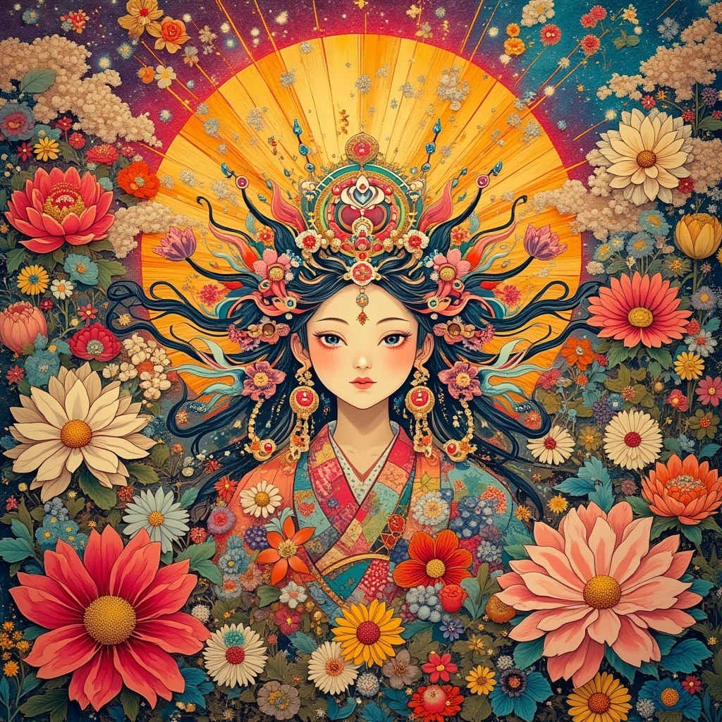 (masterpiece, top quality, best quality, official art, beautiful and aesthetic:1.2), (1girl:1.3), extremely detailed,(fractal art:1.1),(colorful:1.1)(flowers:1.3),highest detailed,(zentangle:1.2), (dynamic pose), (abstract background:1.3), (shiny skin), (many colors:1.4), ,(earrings), (feathers:1.5),<lora:animeTarotCardArtStyleLora_v31:0.8>