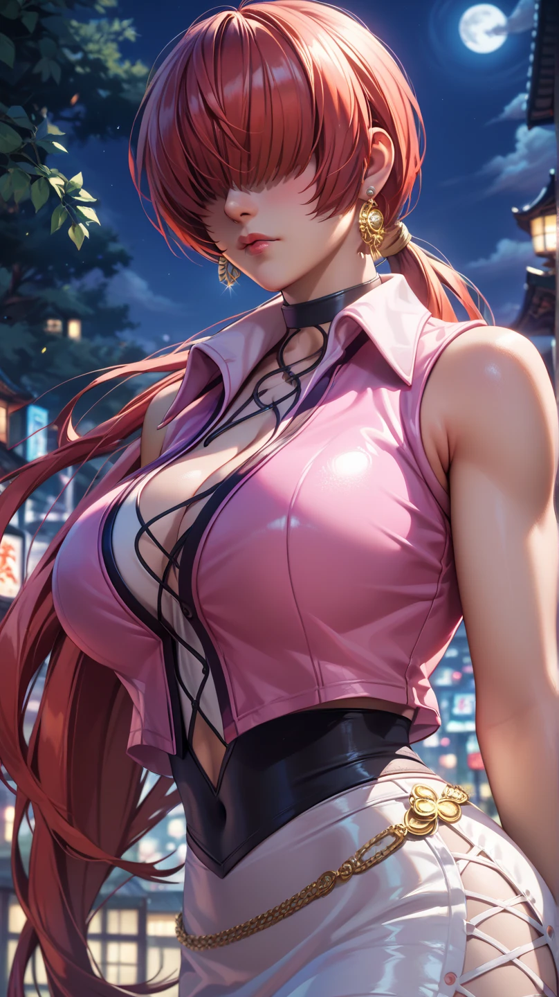 1girl,solo,super detailed skin,shiny skin,wet oily skin,natural face,lips gloss,eyelashes,glowing red eyes,red hair,blunt bangs,sidelocks,a braid,large breasts,body suit,Shinobi clothes,cleavage cutout,fishnet,night bridge,masterpiece,best quality,ultra detailed,high resolution,sharp focus,depth of field,