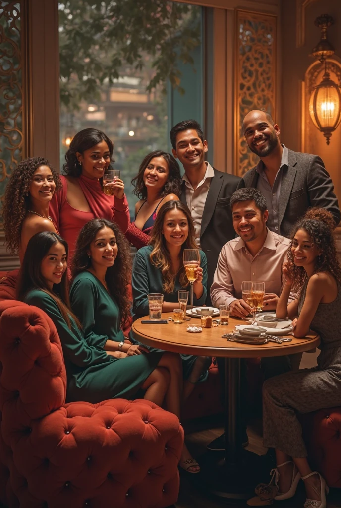 A man sitting on a chair with several women around him grabbing him.
