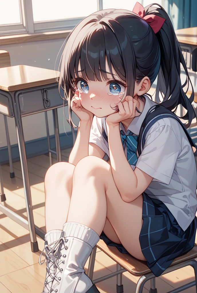 Anime girl sitting at a classroom desk with a blackboard, beautifulアニメのhigh school girl, cute anime girl, white pantiesー,cute, seductive anime girl, anime moe art style, squatbeautifulanimegirl, anime best girls, Smooth anime CG art, attractive anime girl, cotton panties,surreal , young anime girl、wear sneakers、white panties、full color、(muste piece、 best quality:1.2)、High resolution、high resolution、in 8K、🎁Live-action、Raw photo、highest quality、masterpiece、 extremely delicate、High definition raw color photo、professional photography、 wonderful face and eyes、超High resolution、Raw photo、beautiful、beautiful、beautiful girl、(solo:1.2)、 black hair、big 、blush、smile、big 、 、view audience、squat、(Crouching panty shots:1.2)、fully exposed panties、blush、shy smile、outdoor、outside of home、Obscene content、pornography、high school girl、sit with one's knees、sit with your heels on the ground、hold your knees with both hands、shins facing forward、body facing forward、sit with your heels on the ground、open legs、open crotch、white panties、8k photo、Live shooting、最high resolution、masterpiece:1.2、real、photorealistic、high contrast、photon mapping、Realism、Super detailed、professional lighting、Low - Angle:1.2)、(1 girl)、(solo:1.5)、(Height is 165 cm), (18才のhigh school girl), (Japanese high school uniform)、(summer blouse:1.2)、(plaid short skirt:1.2)、(white shirt with student ribbon:1.2)、(squatting down looking straight ahead)、(open crotch:1.2), (white panties:1.5)、(camel toe)、(white sneakers:1.2)、 (perfect proportions:1.2), (White panties are visible under the skirt:1.5), (The detailed shape of the female private parts is clearly visible:1.4), (have pubic hair:1.4), (textured skin)、I can see the cleavage、(8K、RAW photo、highest quality、masterpiece:1.2)、(realistic、Photoreal)、1 girl、from the corner of your eye1Tsu Mole、((white blouse、sailor suit、red tie、Below-the-knee length red checked pleated skirt))、(high school girl)、40 years、Skirt rolled up、gal、lots of eyelashes、glitter on eyelids、skeletally correct、thi