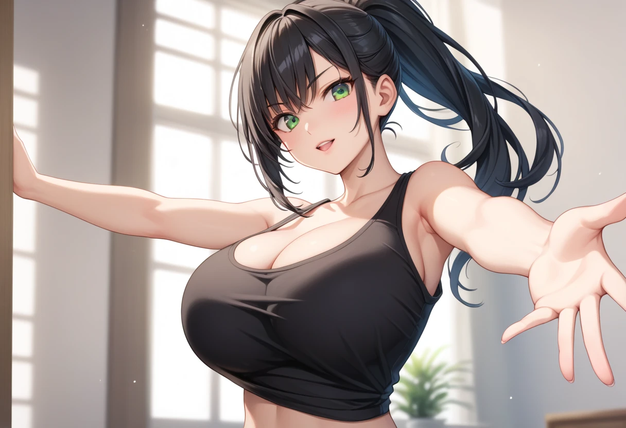 from above,running,masterpiece,Best quality,1girl,black long hair,Mature and intellectual lady,beautiful,yoga_pants,on stage,at dawn