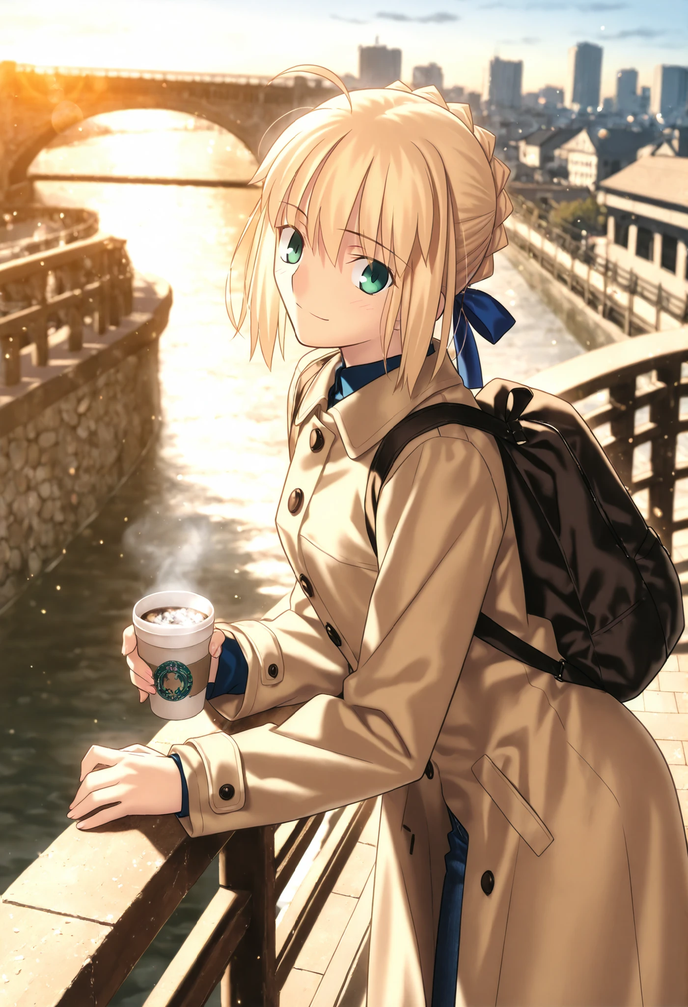 masterpiece, , absurdres, highres, detailed background, high resolution, masterpiece, necessary, detail, best quality, quality, necessary, details, High details, Precise, 8k outdoors, (bridge, city, colorful light particles, powder light,), day lens flare, blurry background,(from above, from side),
1girl, Takeuchi Takashi (type-moon,tsukihime) style, takeuchi takashi style, (aged up),(rucksack, ),(astonished), closed mouth,(head tilt),
girl, (slender body, slim arms, slim bod),girl, artoria pendragon, saber (fate) ,blonde hair ,green eyes, ,ahige ,hair ribbon ,blue ribbon ,short hair ,sidelocks ,frenched braid, (open Wool coat, denim,), (small breasts),(looking at viewer), ,very light smile, drinking coffee , leaning forward ,