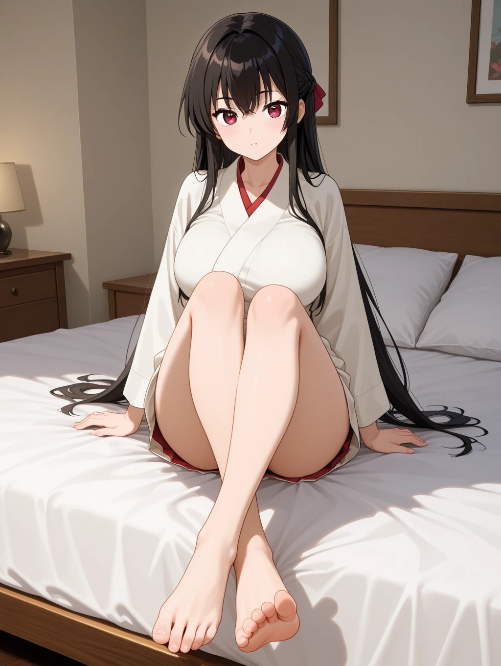 1 girl in a japanese shrine, long black hair, purple eyes, hime haircut, headband, miko shrine maiden outfit, lying on the futon in Japanese style bed room, light smile, full body, spread legs, no panties, show off closed anus and closed pussy, nsfw, anime screencap, (best quality,4k,8k,highres,masterpiece:1.2),ultra-detailed,extremely detailed face and eyes, beautiful detailed eyes, beautiful detailed lips, longeyelashes, vibrant colors, dramatic lighting, concept art style, cinematic, mystical atmosphere