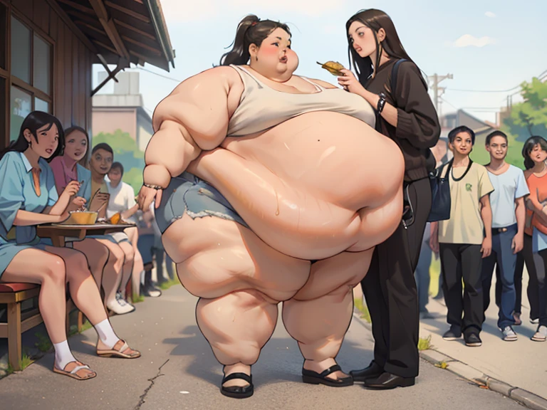 (Masterpiece, best quality, highres:1.3), (realistic:1.2), young african american woman, (morbidly obese:1.4), (USSBBW:1.4), fatblob, fat arms, fat legs, (thin face), (detailed face), (beautiful face), mobility scooter, white tshirt, hotpants, food store