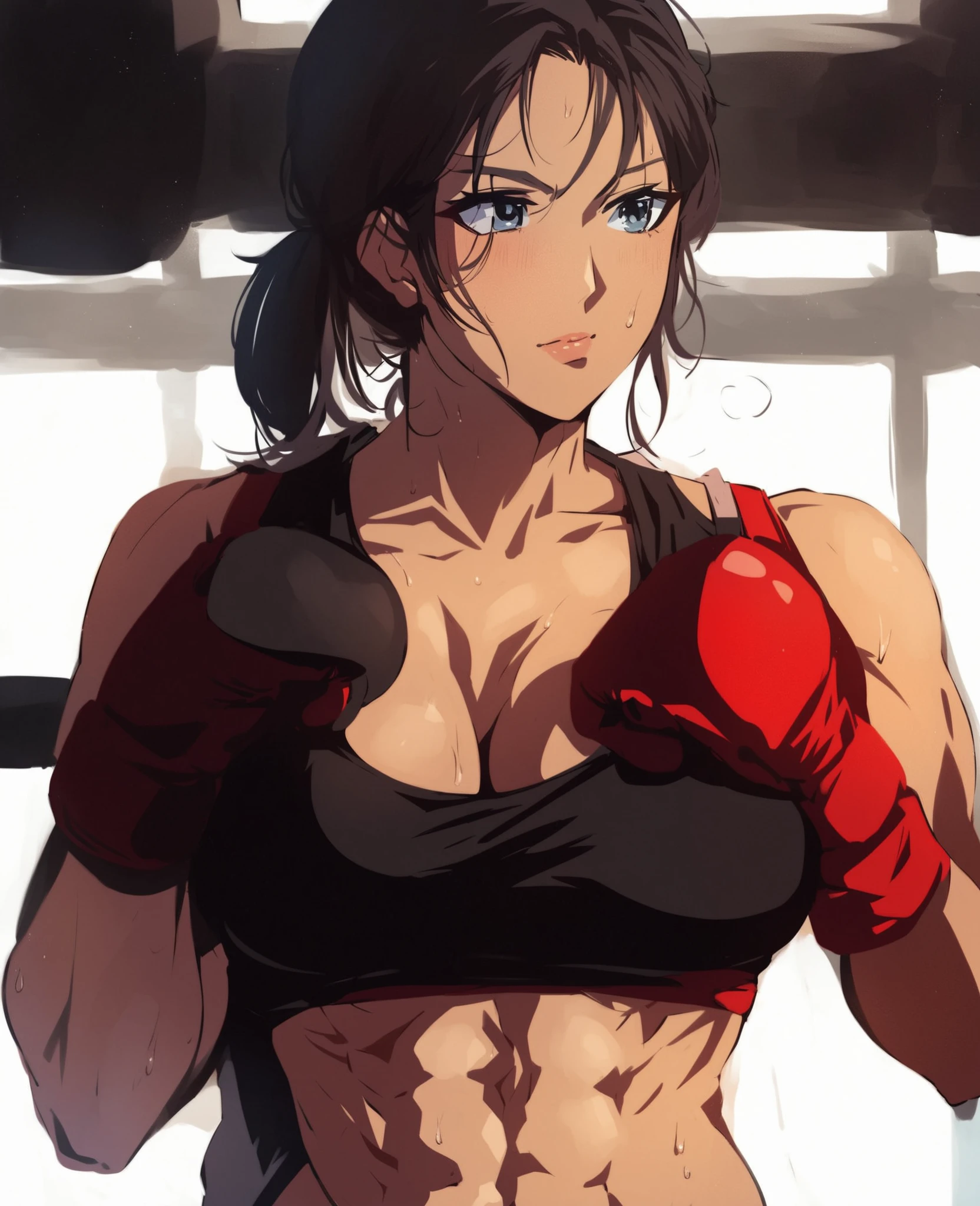 fisiculturista, Negra rosto bonito, serious face, Moreno, Olhos vermelhos, corpo perfeito, cabelo encaracolado,healthy body, cracked abdomen, musculoso, estrutura corporal detalhada, Sister, all parts are clearly visible,roupa fitness. ADCC. luta, de Americana. boxe.
