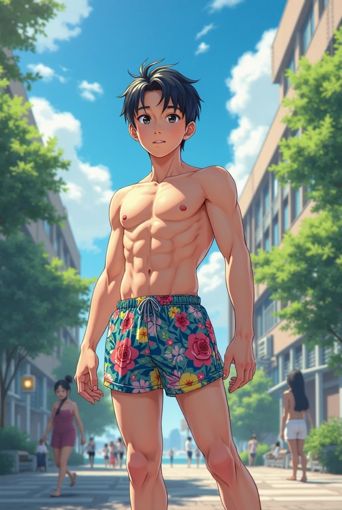 There was a shirtless 15-year-old boy standing on a country street, Cinematic. cinematic body shot, still from live action movie, screenshots from movies, , Shirtless, of a shirtless,Wearing blue panties