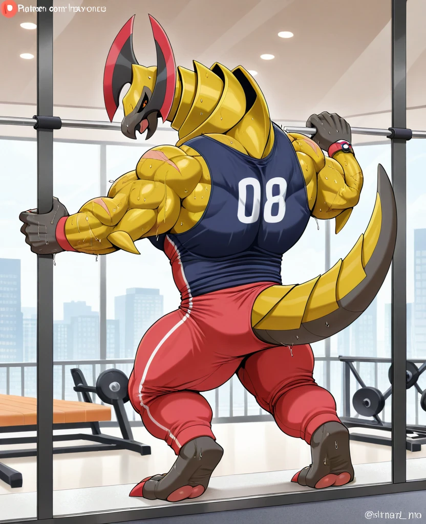 (Pokémon) Machoke in the bodybuilding competition, en el escenario con otros culturistas de Machoke a su lado, wearing a small thong (metallic color: Tanga negro azabache) masivo, Huge, muscular bodybuilder with extraordinary biceps, pectorales gruesos, triceps, trampas, cintura estrecha, gigachad, 500 libras.