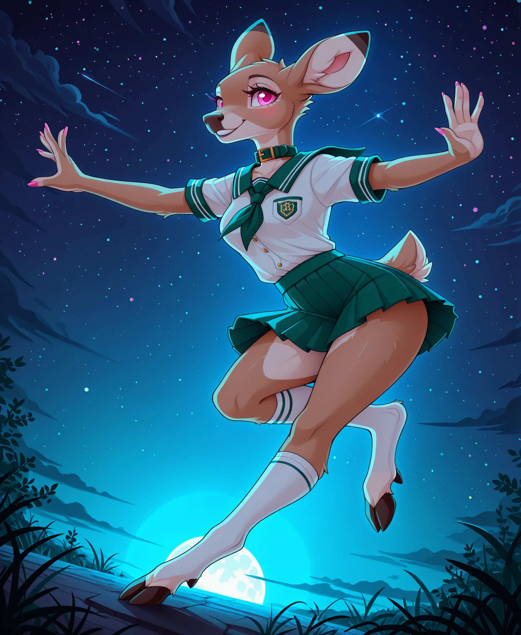 Masterpiece, better quality, very aesthetic, extremely high resolution, colorfull, Sloimu, Loimu, Loimu the Deer, Furry, Anthro, Deer Girl, Deer Ears, Deer Tail, Deer Feet, Pink Eyes, Large Ears, Eye Lashes, Blush, Pink Nails, School Uniform, Green Tie, Green Collar Shirt, Skirt, Pleated Skirt, Short Sleeves, Long Socks, lighting shaded, fur light, looking at the sky thoughtfully, smile. dynamic angle, dynamic pose, beautiful smile, outdoor night sky background, (at night), depth of field, moonlight, very detailed, strong attention to detail, detailed fur texture, detailed face, detailed, detailed muzzle, detailed smile