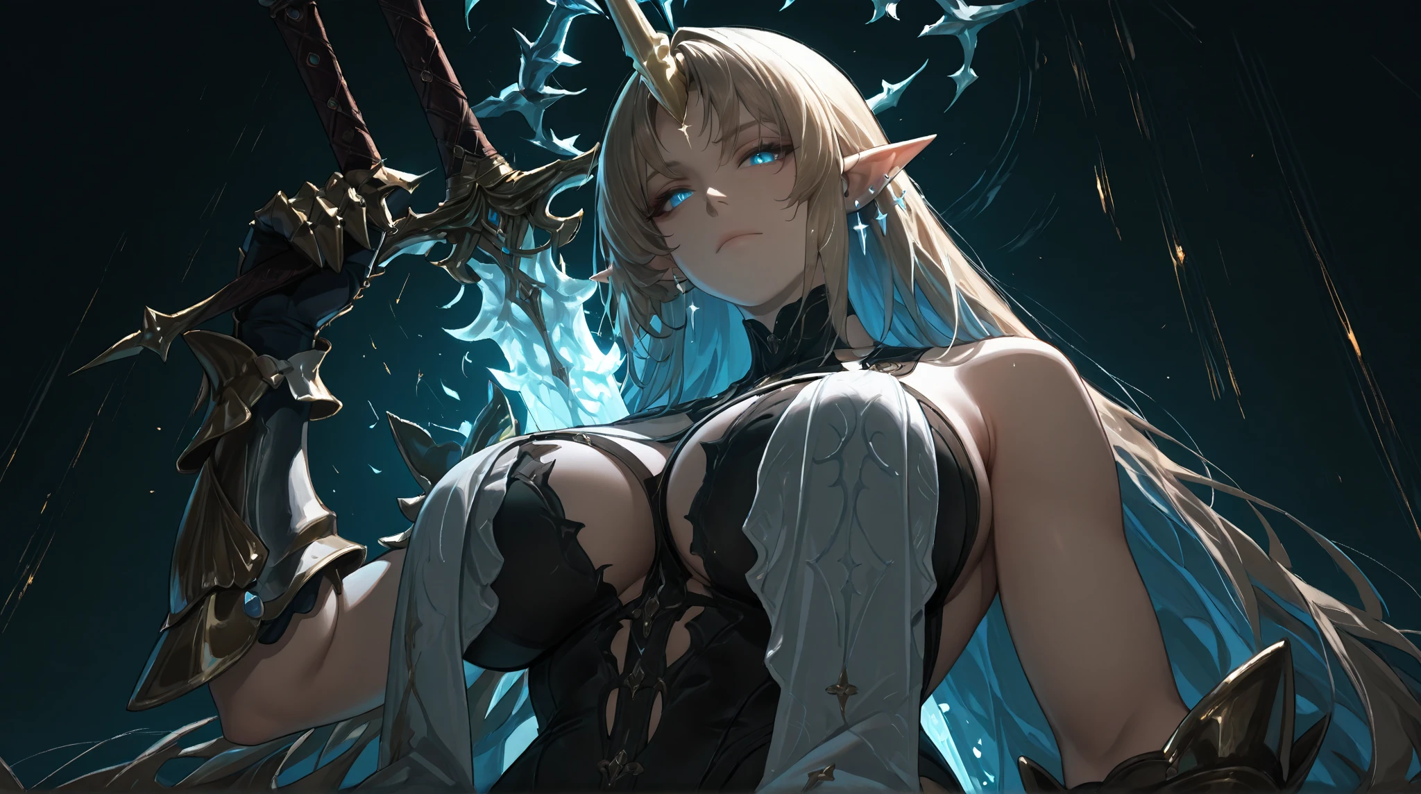 fullbody, sexy, 1woman, solo, gray skin, elf, white hair, ponytail, green eyes, (masterpiece, accurate, anatomically correct, super detail, high details, high quality, best quality, highres, 8k)