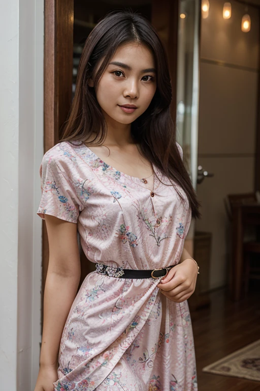 1 malay girl , long golden brown hair, wavy hair , smile, medium portrait shot , watery eyes , wear pastel pink peplum dress, blue bedroom background, bright front light,