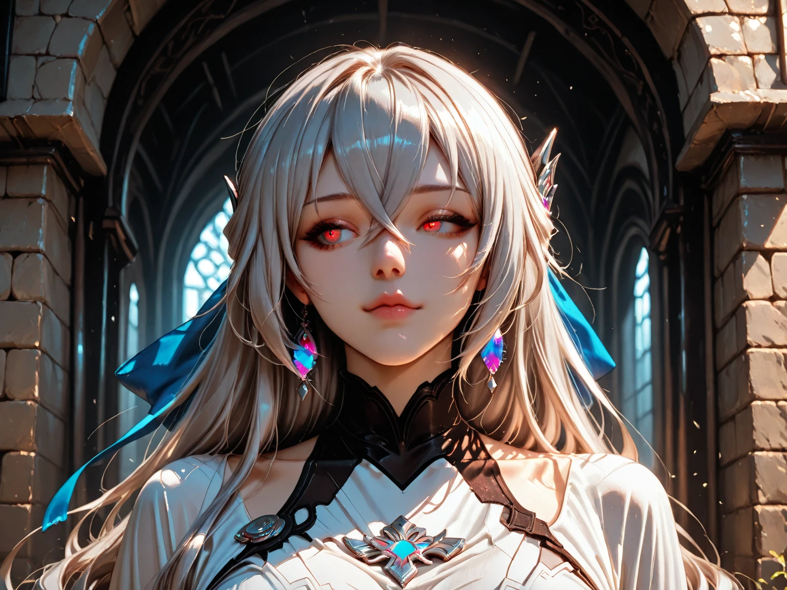 masterpiece, exquisite, illustration, {beautiful and meticulous girl}, beautiful and detailed halo, (fire of war: 1.2), (nuclear explosion behind: 1.3), rain, detailed lighting, detail water, (beautiful and detailed eyes: 1.1), expressionless, palace, sky blue hair, scattered hair, long bangs, eyebrows, (white-gray dress: 1.1), black ribbon, white bow tie, upper abdomen, big forehead, dull, flower, long sleeves