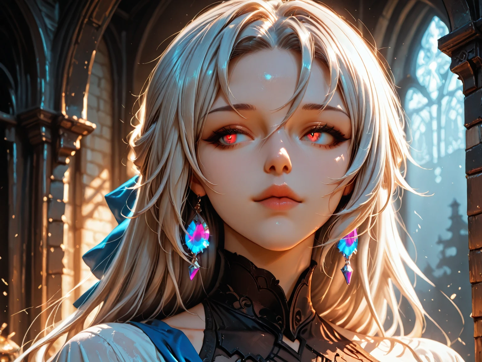 In the middle of ruined old castle there is beatiful undead lich queen who stand under the stary night sky, she have beatiful face, long silver hair with pink highlights her eyes is emerald green red lipsick and smoky eyes make up, her naked tattooed body cover only with black transparent spider web vail, (ultra high quality fantasy art, dark fantasy style, masterpiece, ultra high quality character design, 8k quality anime art, realistic anime art, top quality wallpaper illustration, detailed ultra high quality accurate face, high quality design and accurate physic)