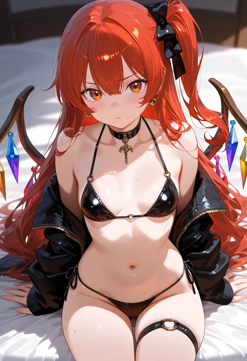 a beautiful young redhead with long orange hair and fox ears, a bell necklace around her neck, small quidos decorating her hair, dressed in a short, half-open black kimono, an eye-catching neckline, a defined silhouette, thick thighs, flawless skin, a well-shaped face. defined, attention to detail, surreal clarity, aesthetic colors, a sweet smile with perfect lips, canines appearing when smiling, rosy cheeks 