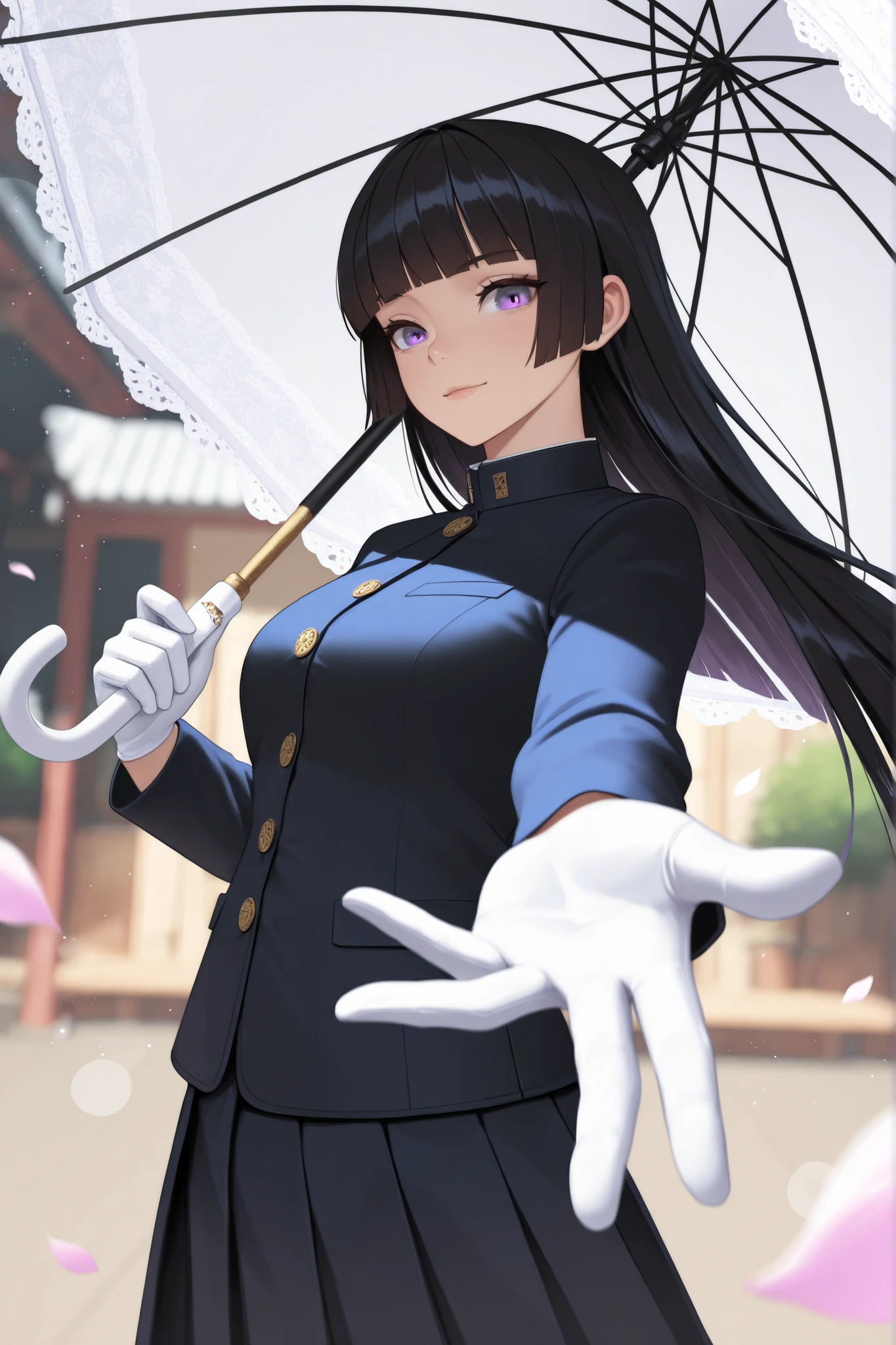 depth of field,light particles,Lens Flare,(Artist:Quasar Cakes:0.8),Extreme Aesthetics,(Urop:0.6),wash,Lela ,wash,masterpiece,top quality,Good quality,Newest,2024,Year 2023,very beautiful,very high resolution,Perspective Composition,Tense Shots,Ultra high resolution,32k uhd,Clear Focus,top quality,masterpiece,Emotionalization masterpiece,型破りな最高masterpiece,Artful Details,I have,Fashion Photography Style,(visual impact:1.2),MOVIE PERSPECTIVE,masterpiece,top quality,amazing quality from bottom left diagonally,very beautiful,very high resolution,top quality,Newest,masterpiece,top quality,Good quality,
1 girl,looking at viewer, battle,1girl, black hair, purple eyes, hime cut, blunt bangs, straight hair, long hair,effect, light smile, falling petals, white parasol, gakuran, pleated skirt, white glove,laced parasol