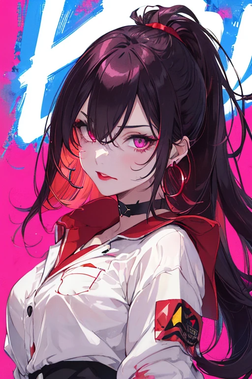 hair above one eye, Purple eyes, Clear Eyes, choker, Neon Shirt, torn legwear, Open jacket blue pubic hair in eye,Bright red background、Red Background, graffiti, Shineing grafiti, Shineing tattoos, Shine, Neon Light, Black light,Anime Style, movie portrait photography, 1 female, 22 years ago, Whole Body Ezbian,Big and ample breasts, anger, (Scarlet Hair), Long Hair, Purple eyes, wearing a short black dress, (Natural skin texture Crisp details, Surreal, (Realistic eyes, Natural skin texture, Realistic facial details), Soft and dramatic lighting, Written boundary depth, Bokeh, Crisp details, Surreal, 35mm movie, Absent-minded, movie,lipstick, ear piercing, eye shadow, Hoop Earrings, red pink lips, multicolored red eyes, Red Background,Beautiful Eyes,Bold Pose、Strike a Pose,upper ponytail,drooping bangs,Droopy eyes、((Student Uniform))、high school girl
