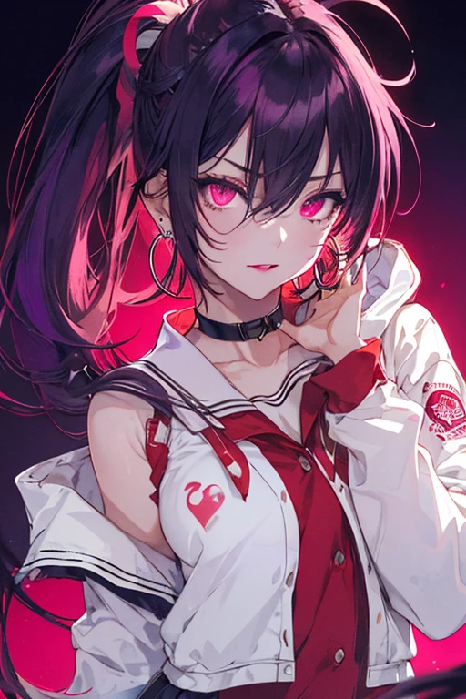 glaring、Red eyes, Black Hair、short hair、Clear Eyes, choker, Torn、Blue pubic hair catches my eye,Bright red background、((Red background)), 1 female, 22 years ago, Whole Body Ezbian,Big and ample breasts, anger, (Scarlet Hair), Long Hair, (Natural skin texture vivid details, Surreal, (Realistic eyes, Natural skin texture, Realistic facial details), Soft and dramatic lighting, Written boundary depth, Bokeh, vivid details, Surreal,lipstick, ear piercing, eye shadow, Hoop Earrings, red pink lips, multicolored red eyes,Beautiful Eyes,((Bold Pose))、Strike a Pose,upper ponytail,drooping bangs,Droopy eyes、((school uniform))、((high school girl)),Raise your arm、((Raise your fist))