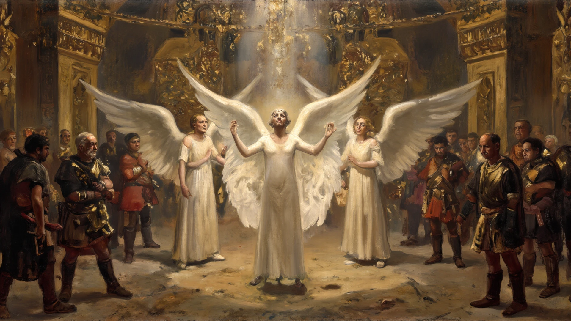oil painted,Many male angels,Angel wings,Realisticstyle,Real Human,Robust man,last supper,medieval times,OilPaintStyle,baroque cloth, Baroque dark art, baroque detailed, dramatic artwork, Baroque art, Baroque art style, Masterpiece works of art, baroque, esoteric clothing, astonishing detail, Dark Baroque painting, Superb intricate artwork, baroque!, gothic and baroque, Guidoreni style, baroque detailed