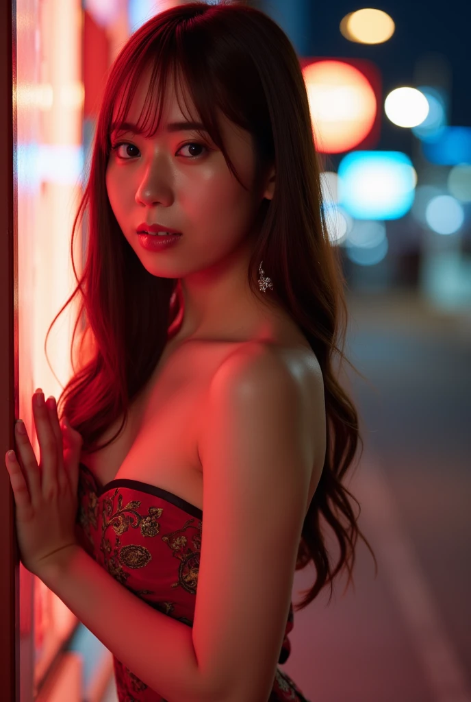 backlight dramatic night photography, night scene, 30 years japanese girl, pale face, very thin body, brown hair, wearing red brassiere & pants, trapped inside red glass square display, dramatic source of light