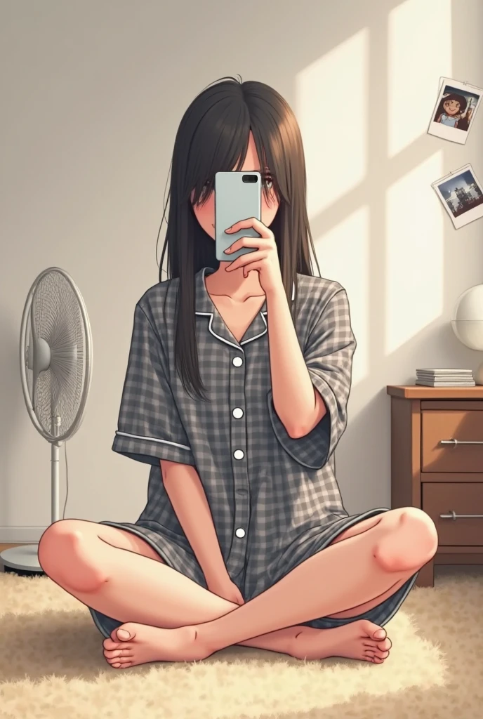 A lonely girl crouching in her room, holding her smartphone in one hand, crying